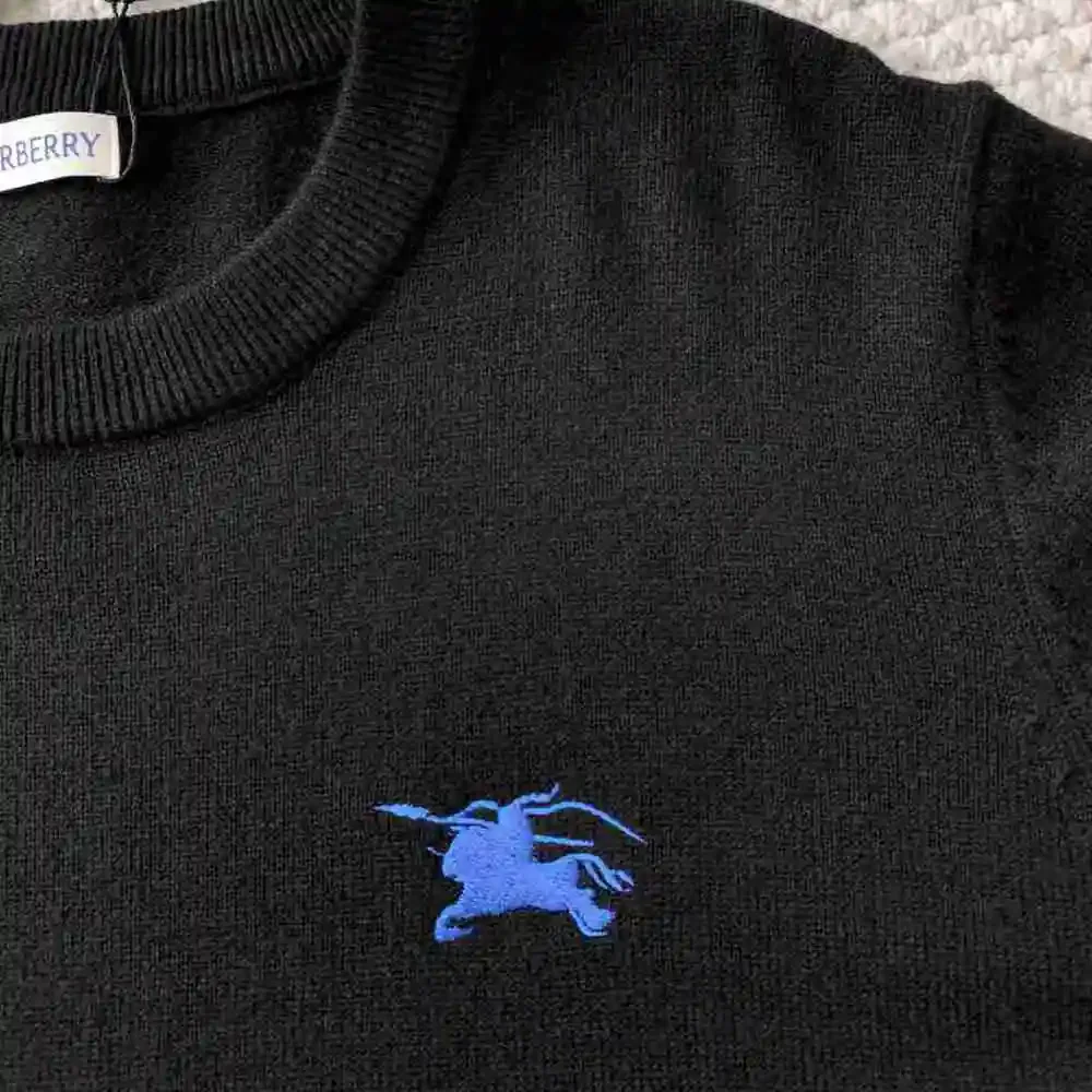 Burberry Black Crew Neck Sweater Blue Equestrian Logo Knit Top